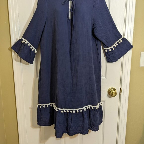 KOANDAILY Navy Pom-Pom Bell Sleeves Boho Midi Dress - size 3XL* NWT - Picture 8 of 11